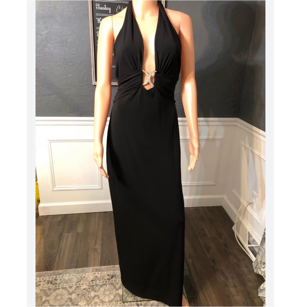Vintage Cache deep Plunge rhinestone jewel Elegant Black halter Dress, size 2